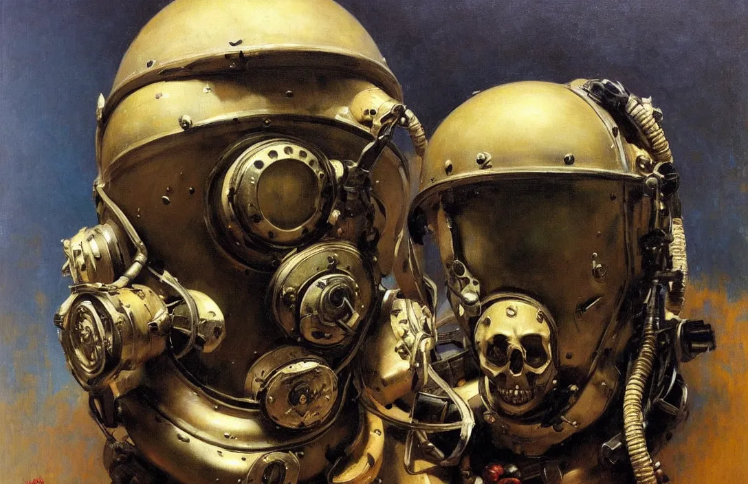 Prompt: portrait of deep sea diver helmet!!!!!!!!!!!!!!!!!!!!!!!!!!!, detailed skull face, detailed painting, epic lighting, by ilya repin, phil hale and kent williams