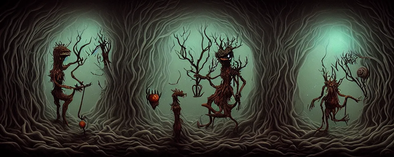 Image similar to whimsical earthy alchemical monsters, surreal dark uncanny painting by ronny khalil