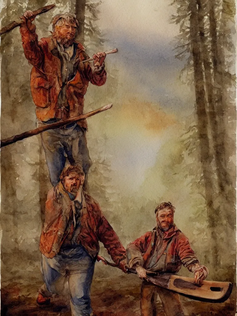 Prompt: a watercolor painting of a man wearing lumberjack clothes and holding a axe by william turner, forest in the background, warm colors, anatomically correct, five fingers, realistic and defined face, realistic, digital painting, masterpiece, watercolor, william turner, symmetrical, low contrast, warm