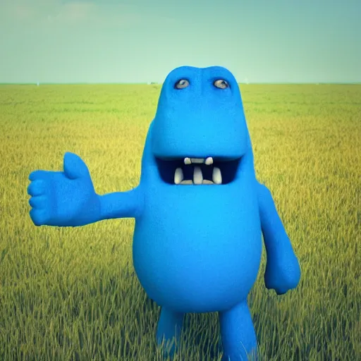 Image similar to a blue monster with its mouth open in the middle of a field, a 3 d render by mike winkelmann, trending on behance, funk art, behance hd, rendered in cinema 4 d, rendered in maya