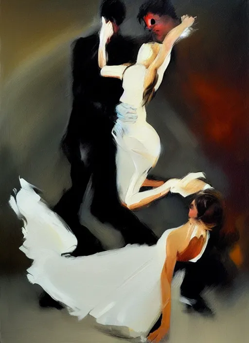 Image similar to tango dancerin in white dress, painting by phil hale, fransico goya,'action lines '!!!, graphic style, visible brushstrokes, motion blur, blurry, visible paint texture, crisp hd image