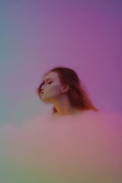 Image similar to high quality pastel coloured film close up wide angle photograph of a model wearing clothing resting on cloud furniture in a icelandic black rock!! environment in a partially haze filled dreamstate world. three point light, rainbow. photographic production. art directed. pastel colours. volumetric clouds. pastel gradient overlay. waves glitch artefacts. extreme facial clarity. 8 k. filmic.