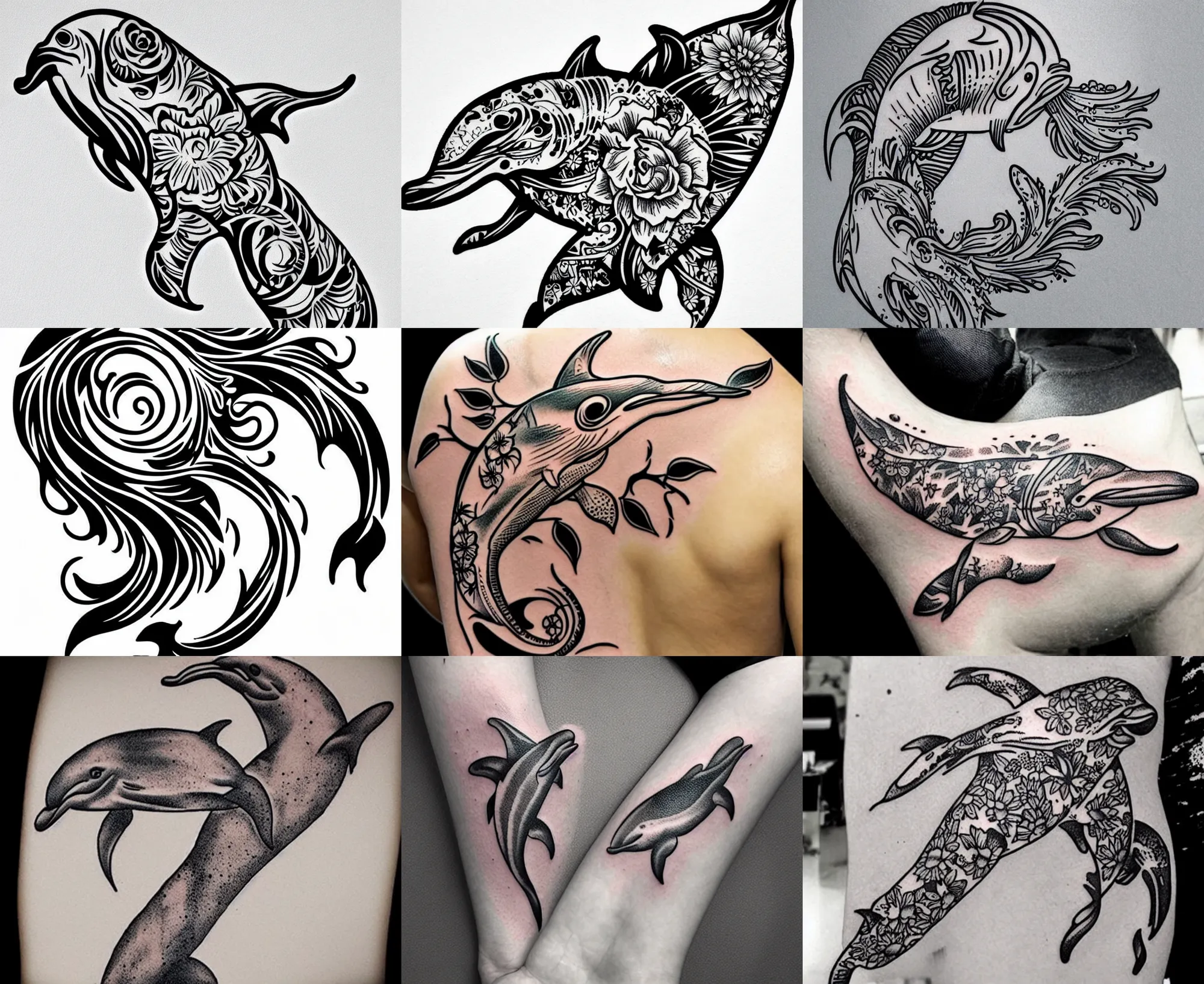 Image similar to detailed amazing tattoo stencil of a floral dolphin