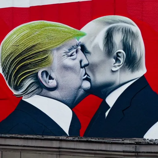 Prompt: trump and putin kissing in a mural in moscow