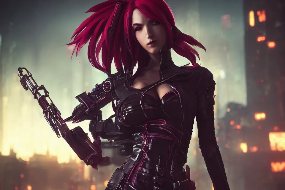 Image similar to Cyberpunk theme Katarina from League of Legends detailed body and face accurate features, dark atmosphere , in the style of Z.W. Gu from trending on artstation, HD, Octane render, smooth, sharp focus, Anime style