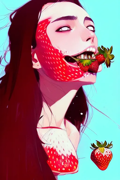 Image similar to a ultradetailed beautiful panting of a stylish woman with a strawberry in her mouth, by conrad roset, greg rutkowski and makoto shinkai, trending on artstation