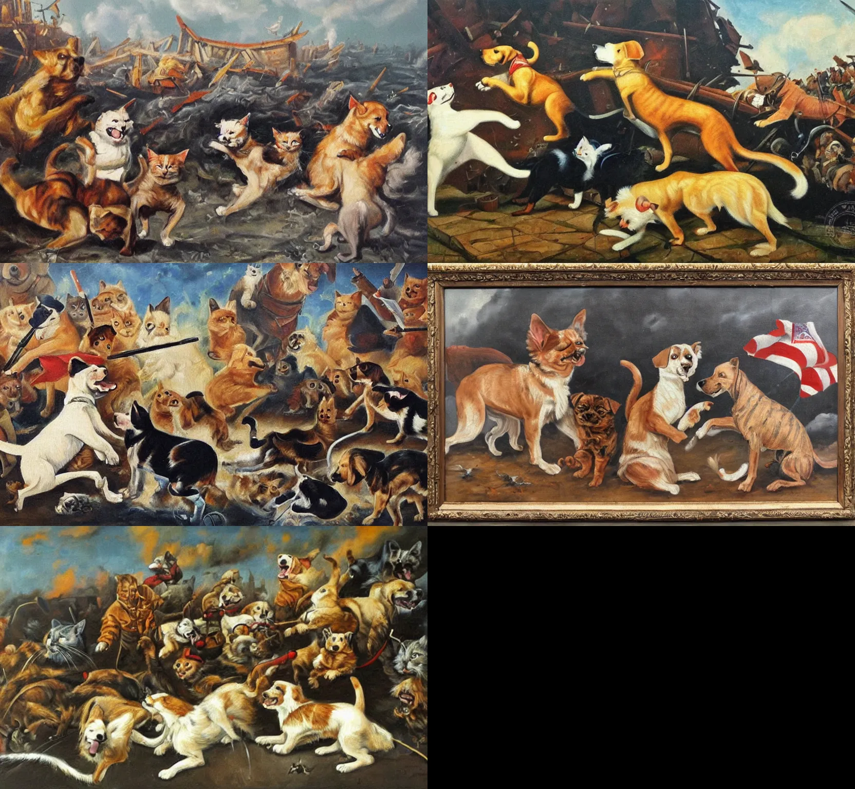 Prompt: dogs and cats fighting world war, historic oil on canvas painting