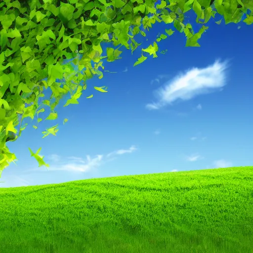 Prompt: windows XP wallpaper 'Bliss', overgrown with vines and weeds