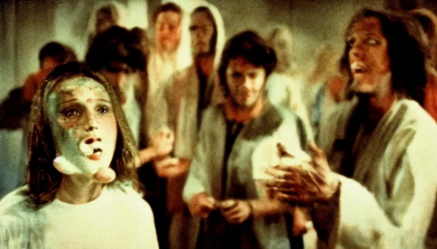 Image similar to 7 0 s film still from a horror movie about baptism, kodachrome, cinecolor, cinestill, film grain, film texture, retro, cinematic, high resolution, photorealism,