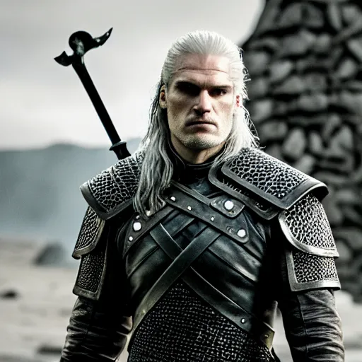 Image similar to geralt of rivia in game of thrones, henry cavil, cinema movie still