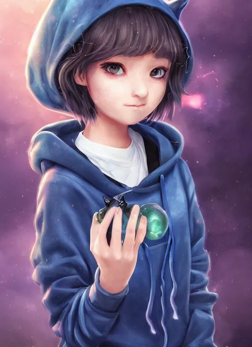 Prompt: A cute twelve years old girl with bob cat length curly dark blue hair with a thoughtful expression wearing a black hoodie with white eyes ornament and grunge jeans, she is in the potions workshop, near the black cauldron, making a potion, blue shiny lighting, beautiful fantasy art by By Artgerm and Hayao Miyazaki, trending on artstation