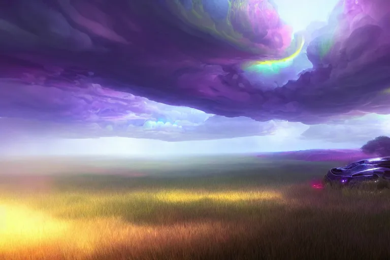 Prompt: a psychedelic realm with rolling plains made out of clouds, in the style of wlop, illustration, epic, fantasy, hyper detailed, smooth, unreal engine, sharp focus, ray tracing