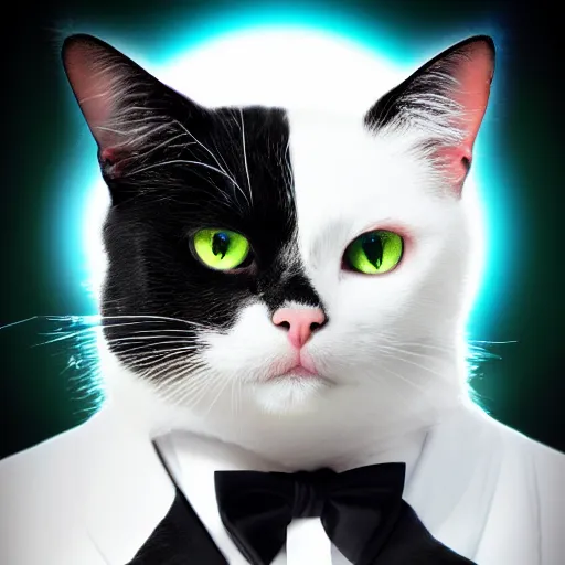 Image similar to Portrait of a beautiful black and white cat wearing tuxedo in space with colorful bright green eyes, medium shot, hd, 8k, hyper-realism, detailed, octane 8k,