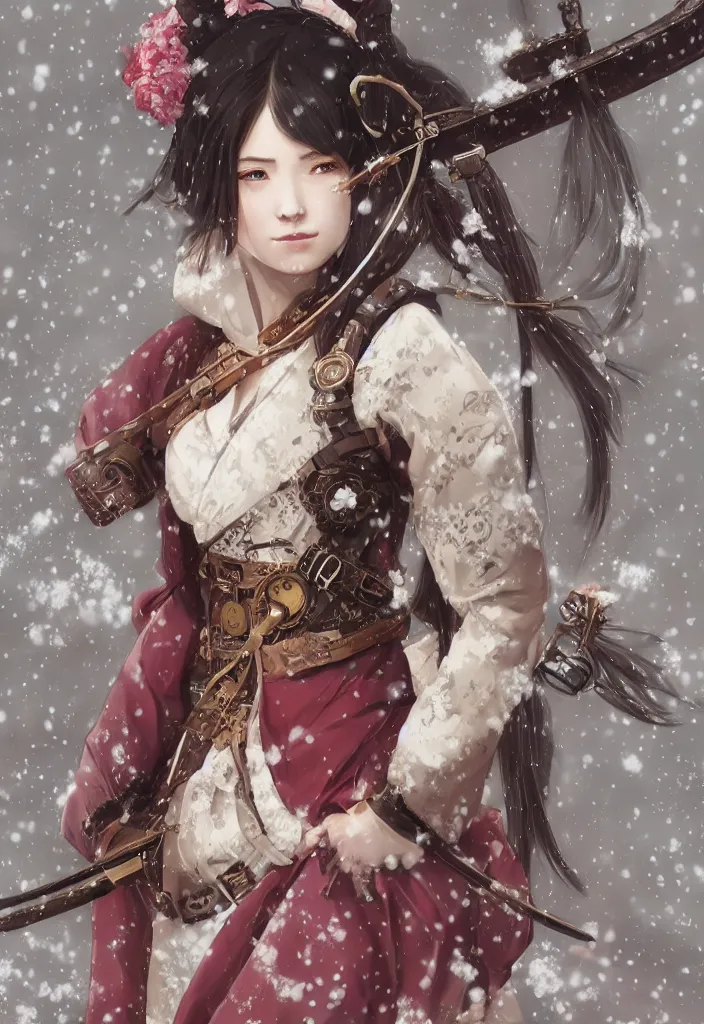 Prompt: detailed portrait of one single steampunk girl samurai with tachi and cross bow combat pose in snow forest sakura cherry blossom swan hakama kimono trending on artstation elite, elegant, luxury, by krenz cushart greg rutkowski alexandros, perfect face, fine details, realistic shaded, fine - face, pretty face