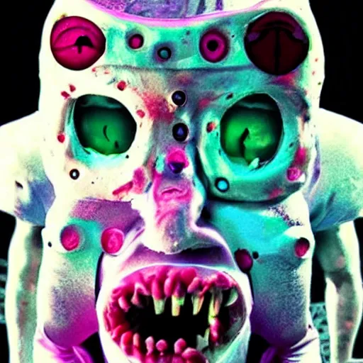 Image similar to horrifying creepypasta image, high contrast, saturated colors, creepy eyes and smile