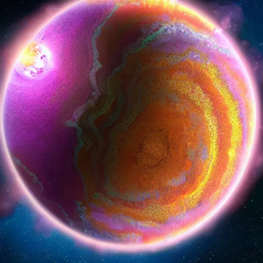 Prompt: a colorful geode as big as a planet in orbit, fantasy, sci-fi, cgsociety,4k,ultrarealistic,detailed
