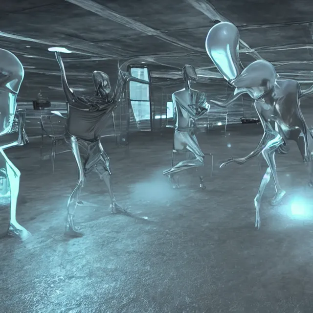 Prompt: grey alien raving at secret area 5 1 base in midnight, secret files, realistic, smooth, club, unreal engine 5,