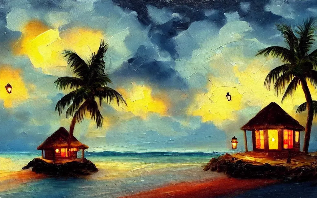 Prompt: a very very small island! cute cozy large cottage!! and lanterns!!!, palm trees, dark very late evening cloudy, dramatic and dynamic lighting, thick brush strokes oil impasto painting