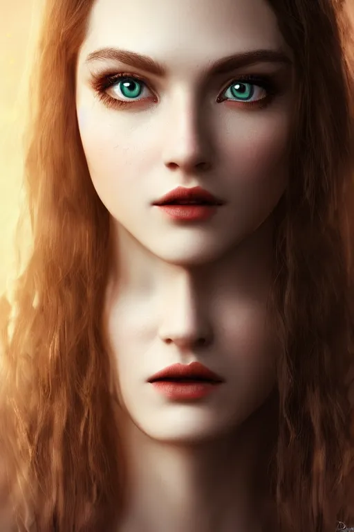 Image similar to pretty female wizard posing in front of plains + auburn hair + green eyes + elegant + warm hairlight + dramatic light + photorealistic + octane render + large well-defined eyelids + big astonished eyes + translucent skin + glossy lips + generous