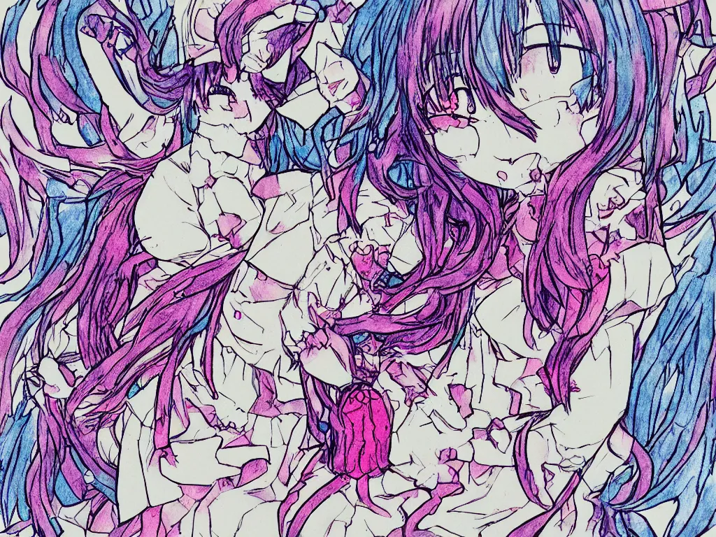 Image similar to glitched color pen plotter outline drawing of a cute fumo plush girl, rendering error, anime, cursed enigmatic gothic maiden, splashed leaking wet watercolor all over