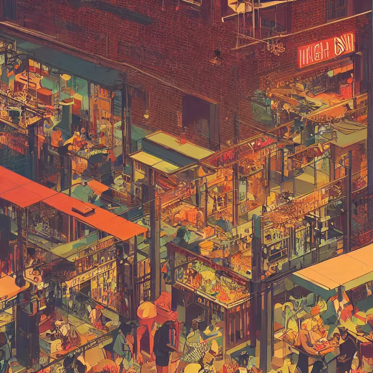 Image similar to isometric view illustration of a very lively restaurant and bar neighborhood , highly detailed, end of the day, by Victo Ngai and Bruce Pennington