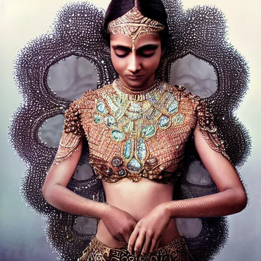 Image similar to full shot of a regal brown - skinned south asian woman wearing an intricate and detailed armor made of dew drops. dew drops around eyes. refracted light. morning dew. delicate. translucent. haunting eyes. vulnerable. fragile. ethereal. refracted light. by ray caesar. by louise dahl - wolfe. surreal photography.