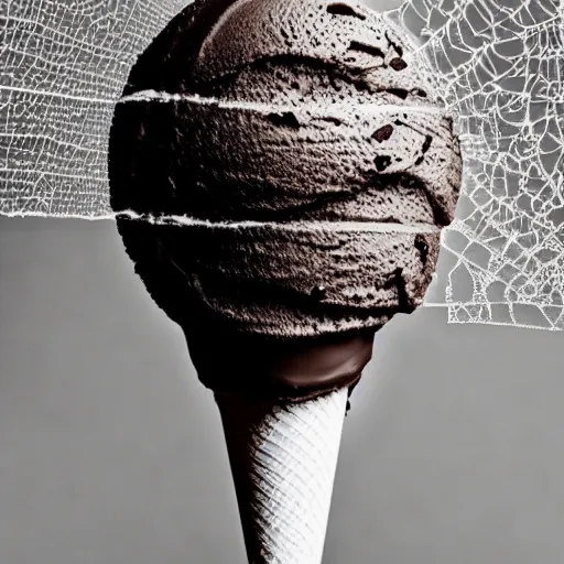 Prompt: detailed, textured photograph of a levitating chocolate ice cream cone with huge, hairy spider legs at the bottom 2. dramatic light.