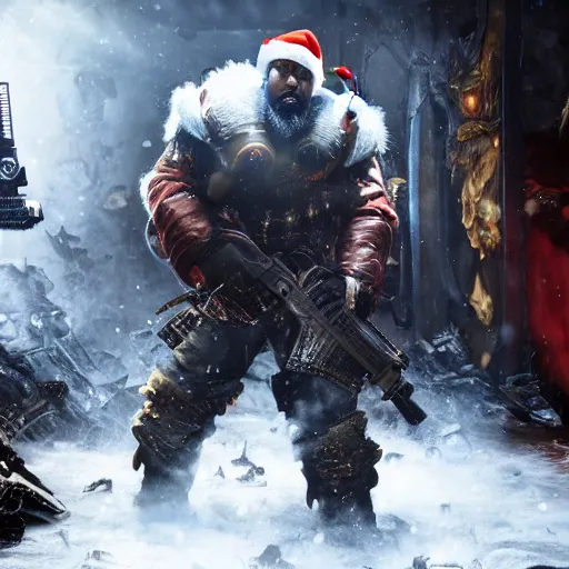 Image similar to Kanye West as santaclaus in 'Gears of War', splash art, movie still, cinematic lighting, detailed face, dramatic, octane render, long lens, shallow depth of field, bokeh, anamorphic lens flare, 8k, hyper detailed, 35mm film grain