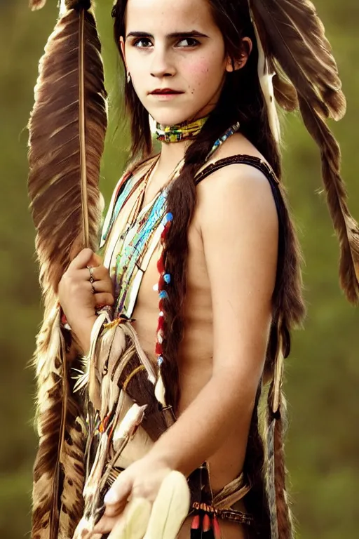 Image similar to Photo of Native American indian woman Emma Watson, portrait, skilled warrior of the Apache, ancient, realistic, detailed, Emma Watson