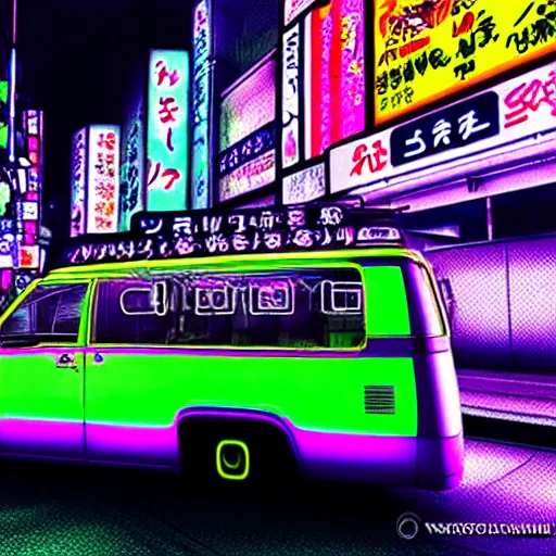 Prompt: The Mystery Machine, shibuya prefecture, night mist neon lights, cinematic color, photorealistic, highly detailed wheels, highly detailed