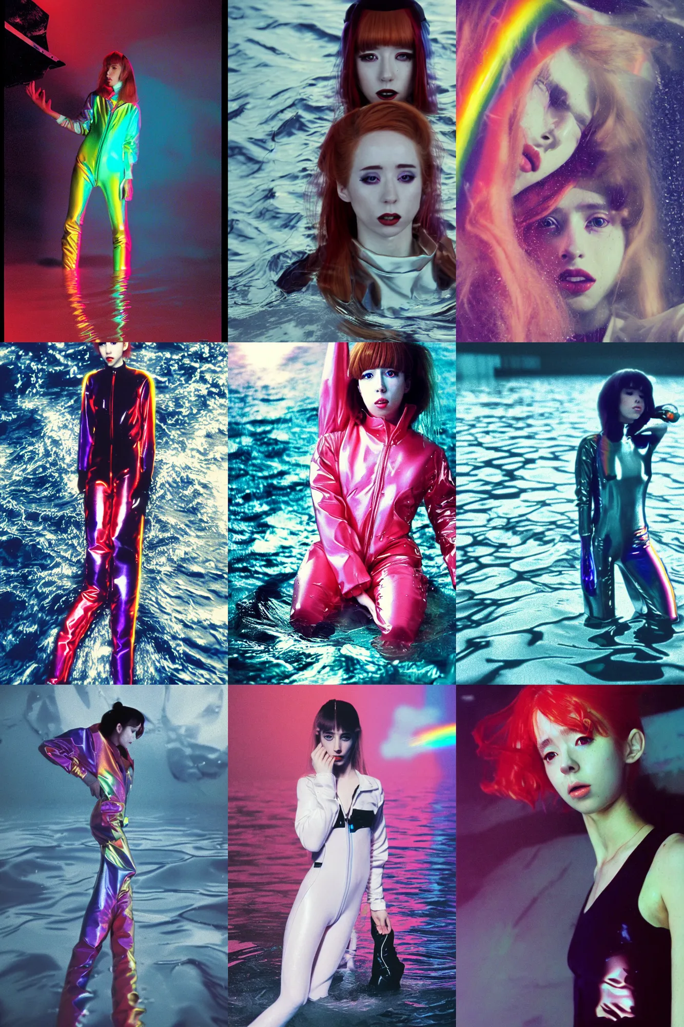 Prompt: Beautiful Holly Herndon style occult sketchbook seinen manga Fashion photography portrait tokyo top gun(1980) movie still from underwater space dance scene of model, wearing refracting rainbow diffusion wet plastic Balenciaga designed specular highlights anti-g flight jump suit, half submerged in heavy nighttime floods, water to waist, , épaule devant pose;pursed lips;athletic; pixie hair,eye contact, ultra realistic, Panavision Panaflex X , Technicolor, 8K, 35mm lens, three point perspective, tilt shift mirror kaleidoscope background, extreme closeup portrait, chiaroscuro, highly detailed, by moma, by Nabbteeri by Sergey Piskunov