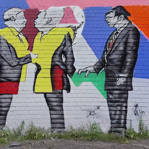 Image similar to Vladimir Putin and Sergey Lavrov, kiss on the Berlin wall graffiti, 8k