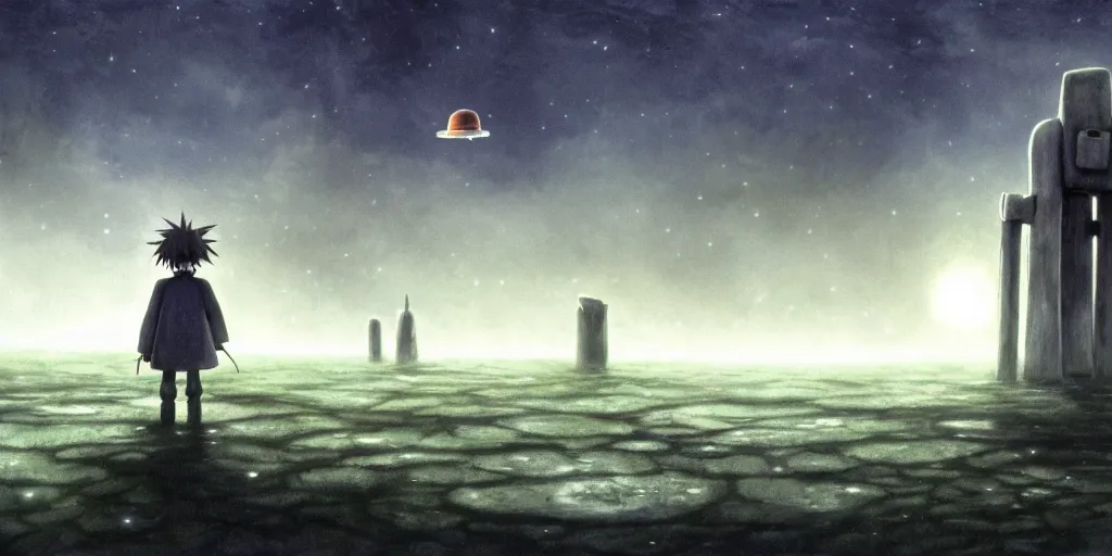 Prompt: a realistic and atmospheric cell - shaded concept art from howl's moving castle ( 2 0 0 4 ) of a ufo on the ground. a grey monk is standing in a futurist sci - fi city that looks like stonehenge in a flooded rainforest. it is a misty starry night. very dull muted colors, hd, 4 k, hq