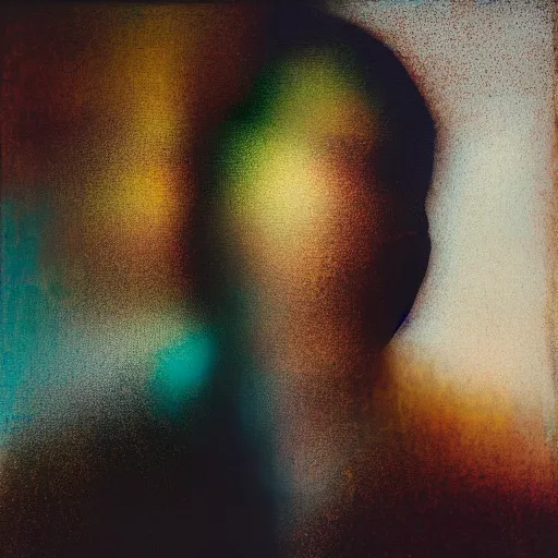 Image similar to A double exposure of a 4x5 styled portrait of a man coupled with an abstract oil-on-canvas painting, bokeh, shallow depth of field, ethereal, fog
