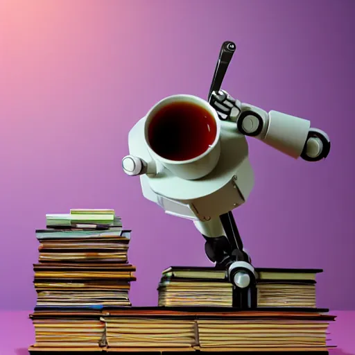 Prompt: long shot of a minimalistic robot serving a cup of tea on a pile of books, by simon stalenhaag, by naoto hatori, by yoshita amano, by esao andrews, product photography, hyperrealistic, big depth of field, fresh colors, 3 d octane render conceptart, 4 k, highly detailed, trending on artstation