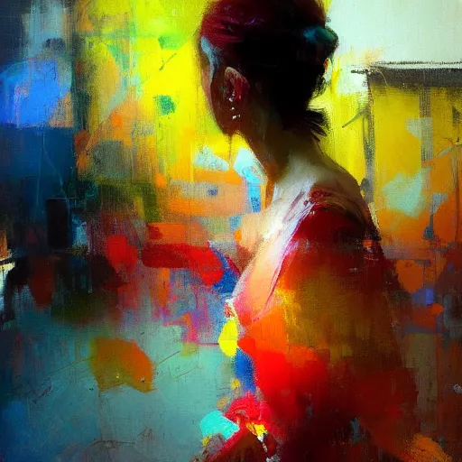 Image similar to high quality abstract painting of a woman in bright colours by jeremy mann
