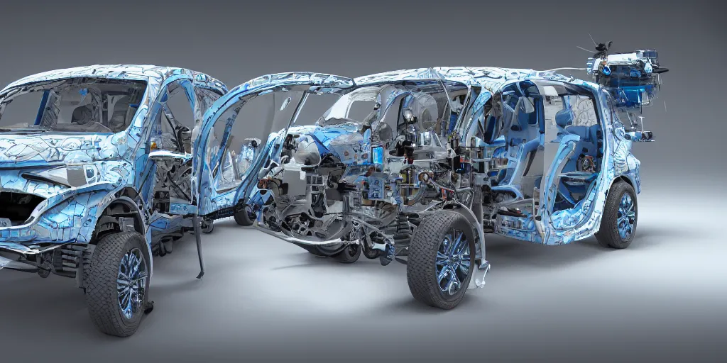 Image similar to hydrogen fuel cell vehicle, wide angle, intricate details, octane rendering.