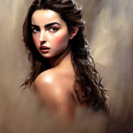 Prompt: ultra realistic head and shoulders portrait painting of ana de armas as a western outlaw, art by frank frazetta, 4 k, ultra realistic, highly detailed, epic lighting