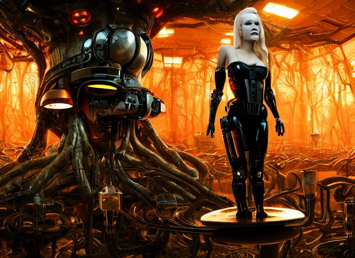 Image similar to photo of an intricate and sophisticated terminator woman with borg enhancements, blonde hair, plastic mask, sitting on a giant mushroom in a weird magical mechanical forest and drinking a cup of tea. Very detailed 8k. Fantasy cyberpunk horror. Sharp. Unreal 5 render with nanite, global illumination and path tracing. Cinematic post-processing