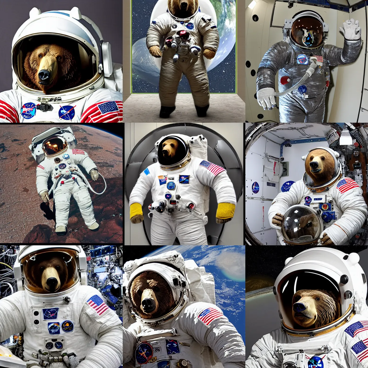 Prompt: giant grizzly bear in spacesuit as astronaut