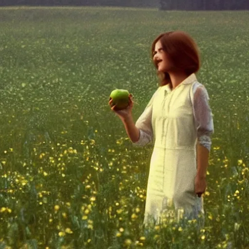 Image similar to a 1 9 7 7 beautiful woman and a 3 d rendering of a smiley apple in a meadow, color film still 1 9 7 7, tarkovsky