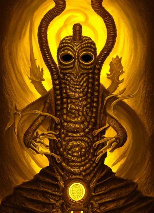 Prompt: detailed digital painting of hastur the king in yellow, dark background, volumetric lighting