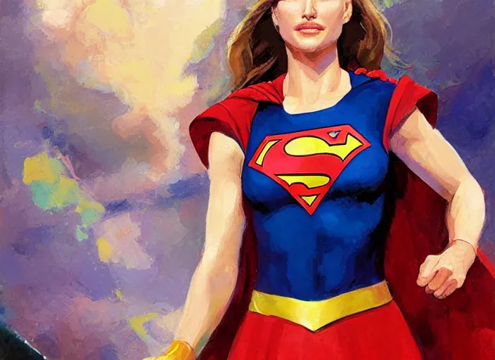 Image similar to a highly detailed beautiful portrait of natalie portman as supergirl, by gregory manchess, james gurney, james jean