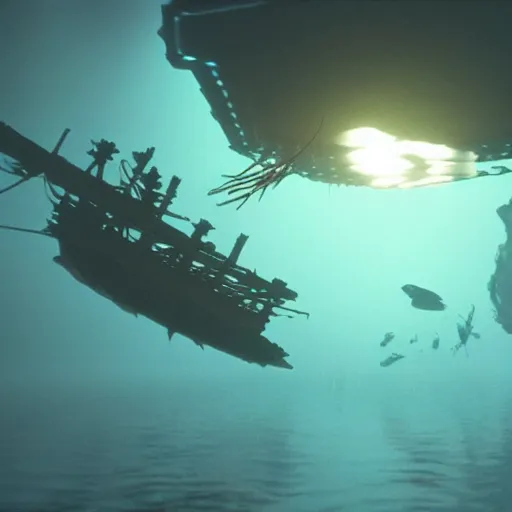 Prompt: pirate spaceship!!! flying underwater!! fog, volumetric light, terry gilliam!!!! style