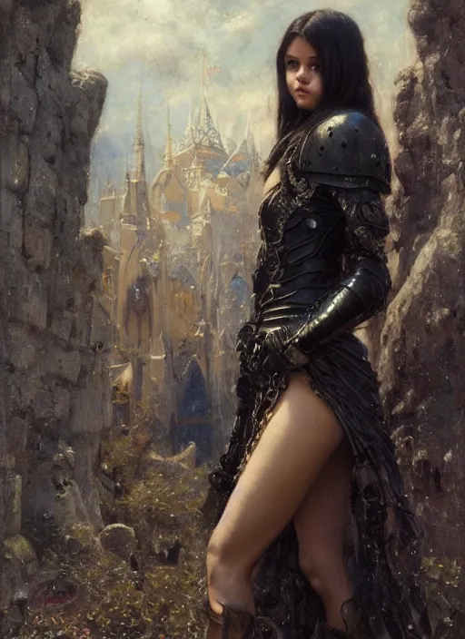 Image similar to young beautiful mischievous selena gomez wearing black medieval armour, bare legs, detailed, by gaston bussiere, bayard wu, greg rutkowski, giger, maxim verehin, greg rutkowski, masterpiece, sharp focus, cinematic lightning