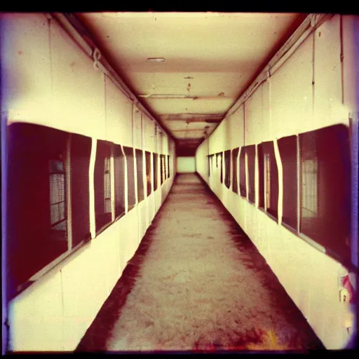 Image similar to inside a hallway made of empty medical tents, eerie, surreal, creepy, old polaroid, expired film,