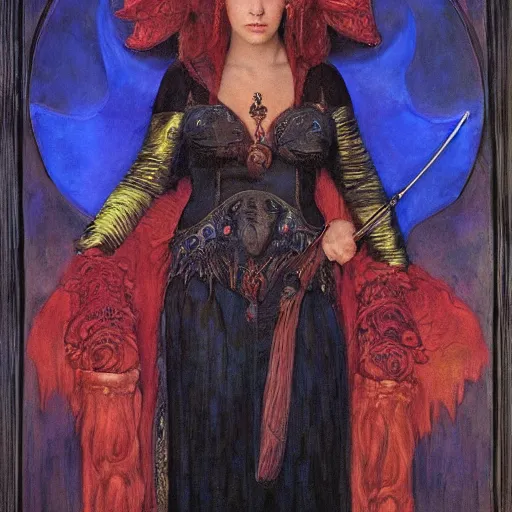 Image similar to the queen of the underworld in full regalia, by Annie Swynnerton and Diego Rivera and Tino Rodriguez and Maxfield Parrish, elaborately costumed, rich color, dramatic cinematic lighting, extremely detailed