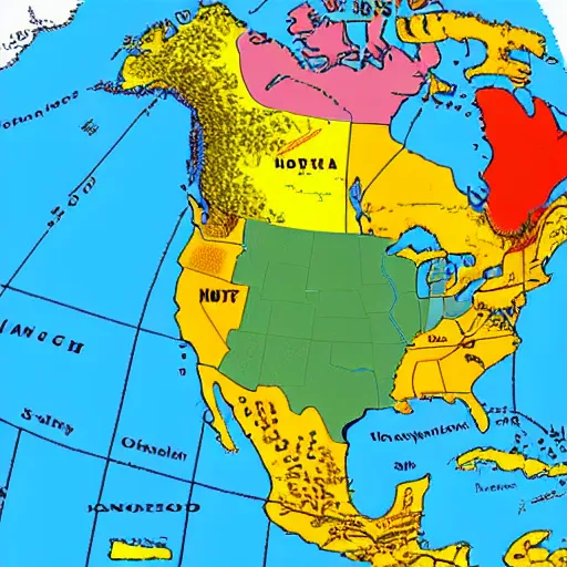 Prompt: a map of north america with names