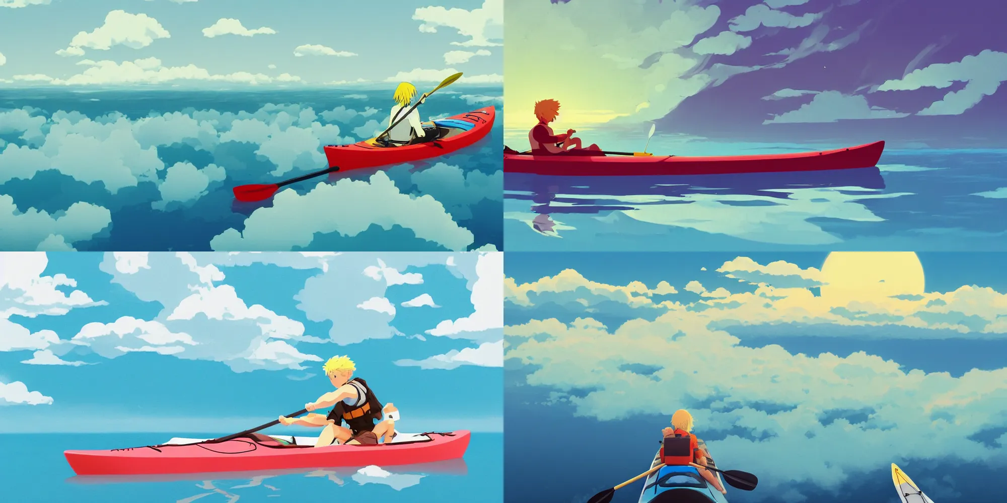 Prompt: blond kayaker paddling in his `light blue kayak`!!!!! above the clouds in the sky, by James Gilleard, studio ghibli, highly detailed trending at artstation, 4k, hdr, backlight