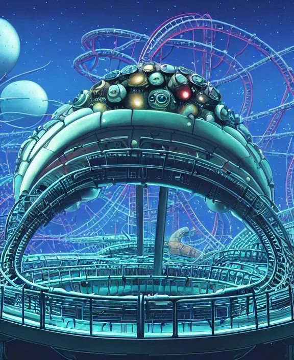 Prompt: a roller coaster made out of alien creatures, biological, in the style of a round spaceship, surrounded by auras, by dan mumford, yusuke murata, makoto shinkai, ross tran, cinematic, unreal engine, cel shaded, featured on artstation, pixiv